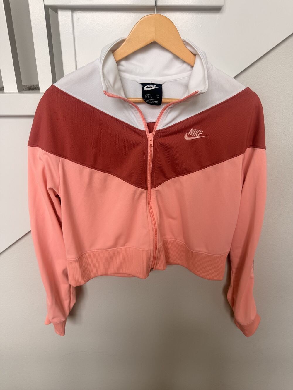 Nike Womens Heritage Pink Red Color-Block Cropped Track Jacket Size Large